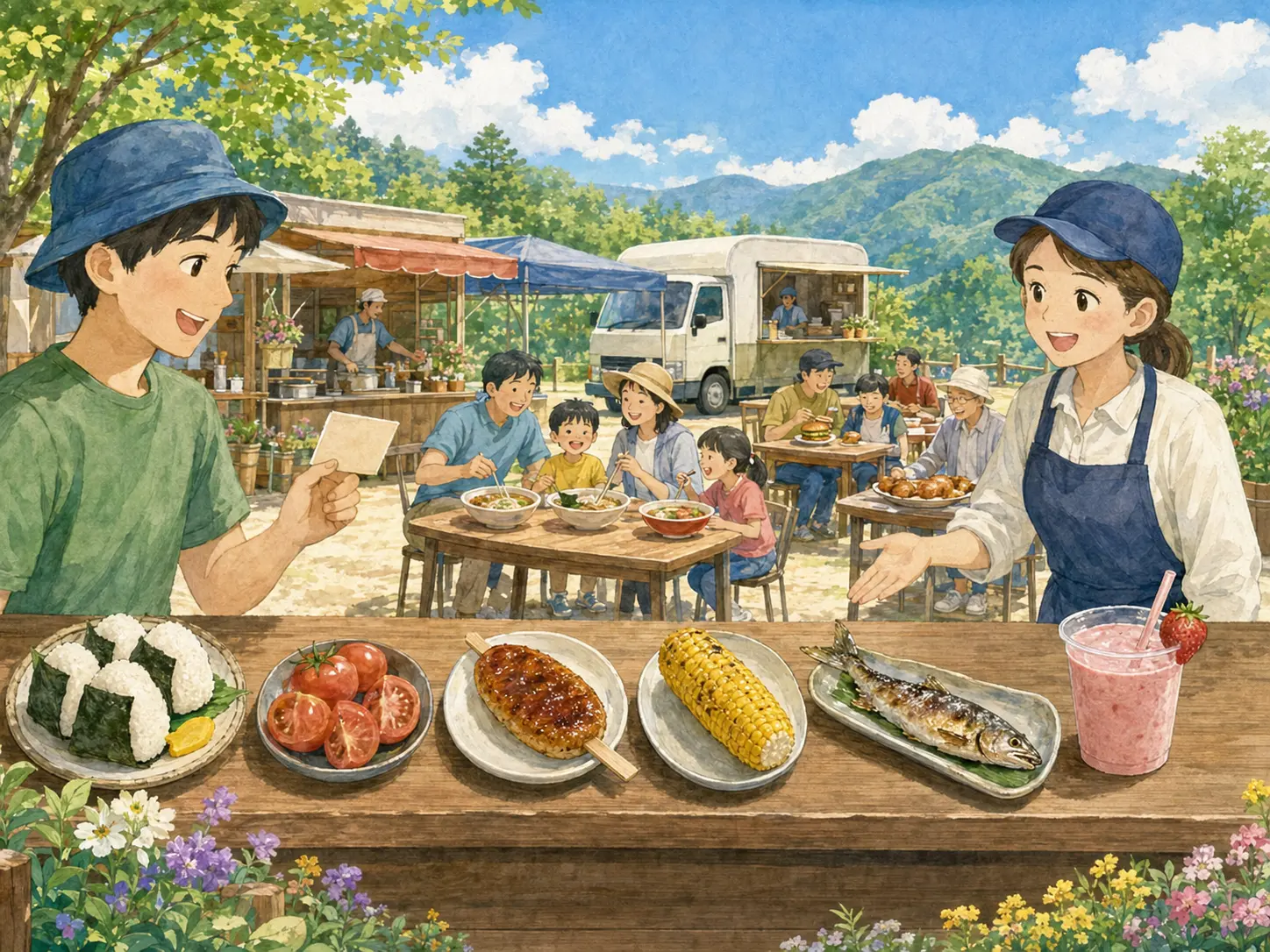 高原ガレージ食堂でクーポン対象の六品を選ぶ様子を描いたイラスト