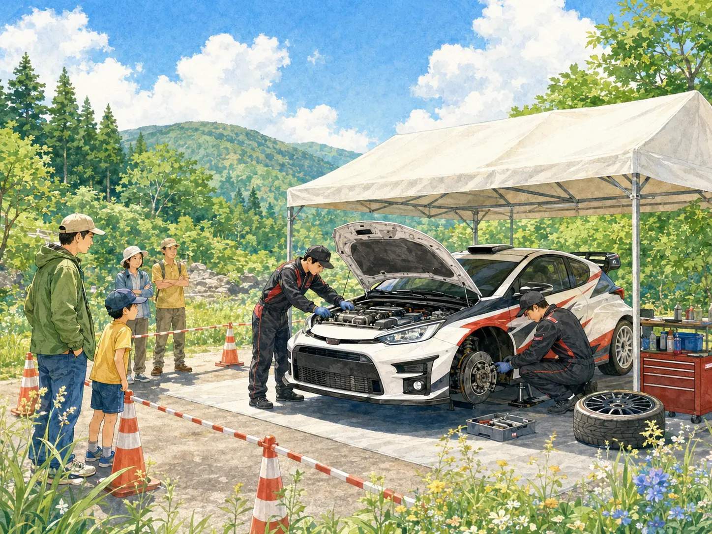 整備中のラリーカーを見学するサービスパークのイラスト